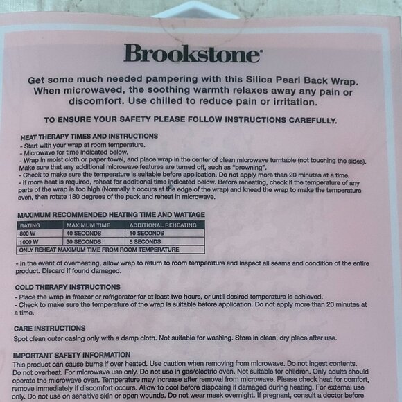 NWT Brookstone Silica Pearl Fabric Back Wrap, Hot Pack and Cold Pack Silicone - Picture 5 of 5